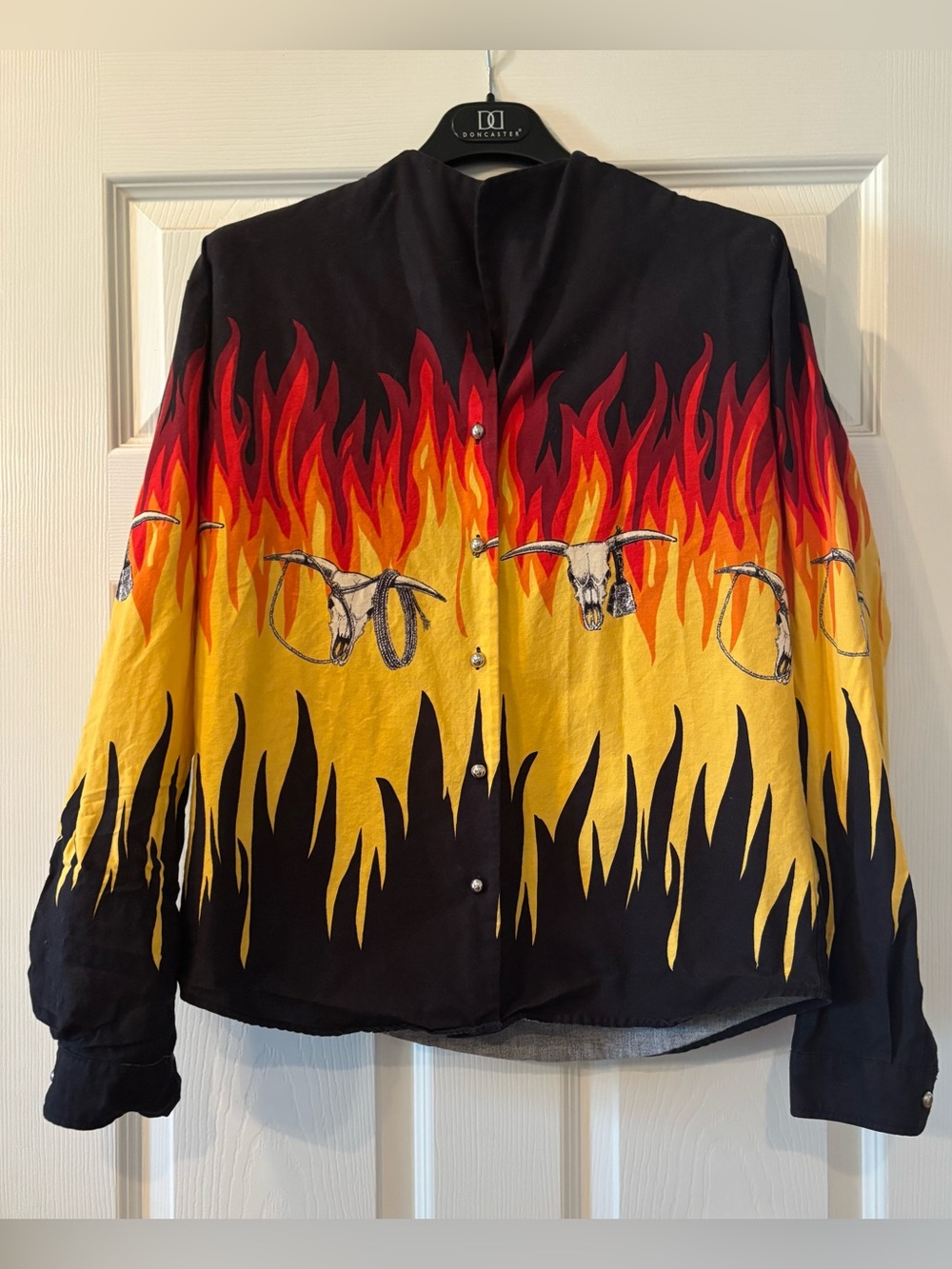 Vintage Black & Yellow Flame Print Long Sleeve Shirt with Steer Skull Motif